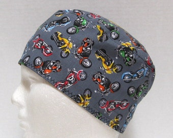 Mens Scrub Hat or Surgical Cap with Motorcycles on Gray