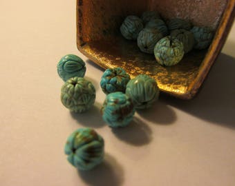 Carved Turquoise Magnesite Lotus Beads, 10mm, Set of 2