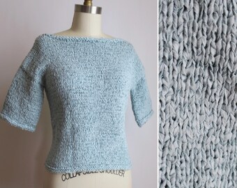 1950s ribbon knit top M ~ vintage light blue blouse