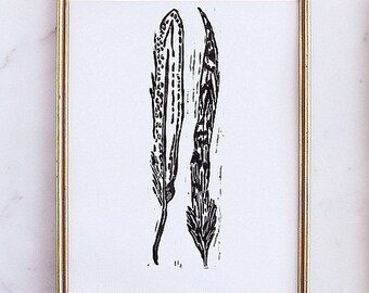 feathers linoleum block print - 11" x 14" wall art
