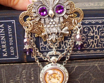 Steampunk Owl Brooch (P602) - Faux Brass Pocket Watch Pendant - Crystal Dangles and Silver Chain - Pin