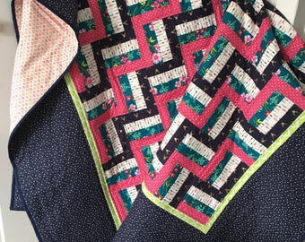 Twin Size Quilt, Twin Quilt, Navy Quilt, Pink Quilt