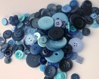 Shades Of Blue Button Lot(A) / 140 Assorted Sizes Shapes / Plastic Sew-Threw Shanked Fabric / Craft Supply / Vintage Sewing