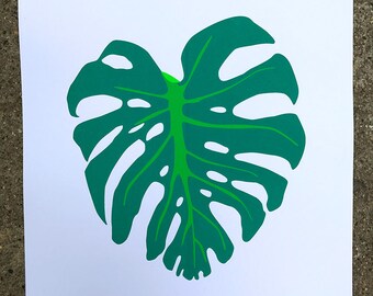Fluorescent turquoise 'Monstera Deliciosa' pop art tropical palm leaf screen print.