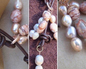 Leather Lariat, Jasper YNecklace, Pearl Necklace, Jasper Pendant Necklace, Edinburgh Jewellery Designer, Handmade Leather Gemstone Lariat