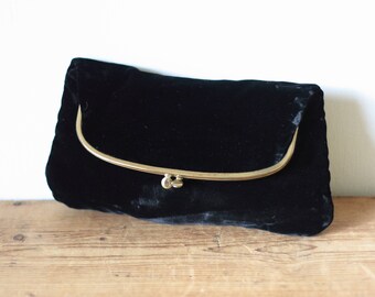 Vintage 1950s INGBER Black Velvet Evening Bag / 1950s Fold Over Black Clutch / Black Velvet Handbag 070917-21