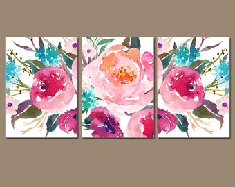 WATERCOLOR Floral Wall Art, Watercolor Flower Art, Watercolor Decor, Floral Nursery Decor, Floral Artwork, Set of 3 Canvas or Print Pictures