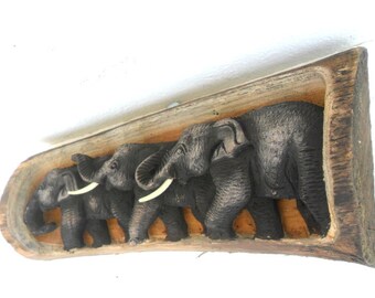 Wood Carving Elephant Hand Carved sculpture Elephants Natural Tree trunk Art Wall Hanging Home Decor / Gift 13"X5.7"