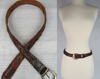 Vintage 90s Beautiful Braided Red and Brown Leather with Metal Buckle Belt by Navasota, Southwestern Belth, Boho Belt, Bohemian Belt SIZE S