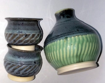 Sake Bottle and 2 Cups - Green and Black Sake Set - Wheel Thrown Pottery with Chattered Texturing - Microwave and Dishwasher Safe
