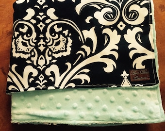 Black and White Damask with Robins Egg Blue Minky Baby Blanket