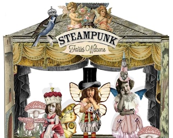 printable Steampunk Fairy garden theatre paper doll set craft project DIY kit to make a Fairy Garden scrapbooking