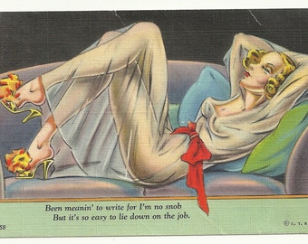Very pretty reclining lady in see-through negligee postcard 1943