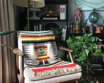 Mexican wall hanging, vintage mexican blanket, aztec wall tapestry, mayan wall hanging, saddle blanket, wool blanket, southwestern blanket,