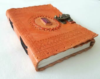 Single Stone Embedded Leather Journal (Orange)