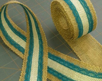 Natural and Ivory Burlap ribbon with Dark Teal Lace Ribbon