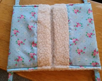 Blue with Pink Floral Cotton, Fleece lined Rat/Small Rodent Hammock with hanging straps. Small size