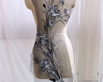 Black & Grey Floral Lace Appliques Delicate Wedding Embroidery Collar Flower dance costumes ballet garments cheongsam S0728