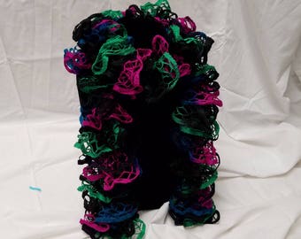 Knitted Ruffle Scarf Green, Blue, Black, and Mauve