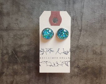Blue green glitter 12mm studs on stainless surgical steel posts