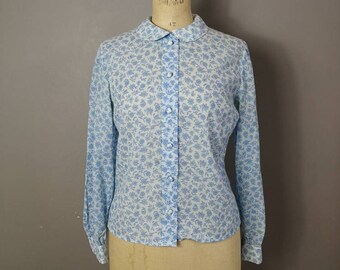 60s blue and white blouse with Peter Pan collar / round collar blouse / retro 60s work blouse / vintage women's shirt / 1960s style / UK 10