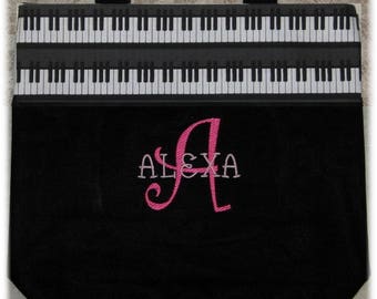 Pretty 'n Pink PIANO personalized music lesson book bag kids back to school bag black canvas tote embroidery recital birthday gift idea