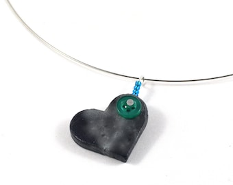 Black Love Heart Ceramic Necklace on memory wire with Upcycled Button and Blue Seed Beads Valentines Jewelry