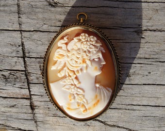 Victorian 14K Large Shell Cameo Brooch and Pendant