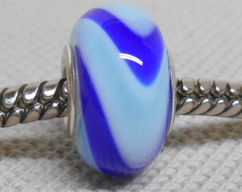 Handmade Glass Lampwork European Charm Bracelet Bead Large Hole Bead White with Blue and Light Blue Swirl