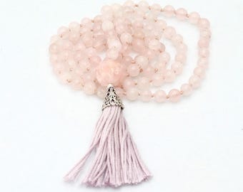 Necklace-Mala-light pink-rose quartz beads-tassel necklace-108 beads-Buddha Pearl