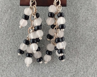 Black/ Rose Quartz Beaded Sterling Silver Earrings