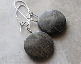 Jasper - Coin Bead - Sterling Silver - Kidney Wire - Drop - Dangle - Earrings