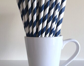 Navy Blue Striped Paper Straws Party Supplies Party Decor Bar Cart Cake Pop Sticks Mason Jar Straws Party Graduation
