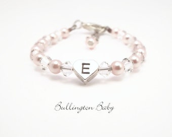 Baby Bracelet, Baby Pearl Bracelet, Initial Bracelet, Heart Bracelet, Baby Shower Gift, Baby Jewelry, Christening Gift, Flower Girl (B57)