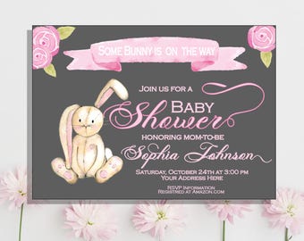 Bunny Baby Shower Invitation Easter Baby Shower Invitation Rabbit Baby Shower Watercolor Floral Printable Pink Baby Girl Shower invitation