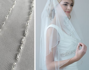 2 Layer Beaded Veil, Beaded Wedding Veil, Bridal Veil with Blusher, 2 Layer Veil, Beaded Bridal Veil, Tulle Veil, Fingertip Veil ~VB-5040