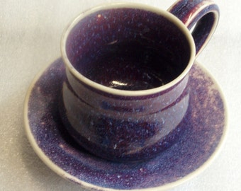 Purple and Blue Wheel Thrown Cup and Saucer with Chattered Texture