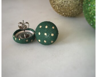 Green and Gold Earrings. Green Christmas Earrings. Dot Earrings. Handmade Earrings. Fabric Button Earrings. Stud Earrings. Clip On Earrings.