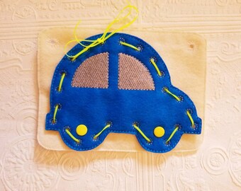 Felt Car Lacing Card - Lacing Busy Book - Car Busy Book - Quiet Time Activity - Busy Bag Activity - Felt Lacing Toy - Car Sewing Game