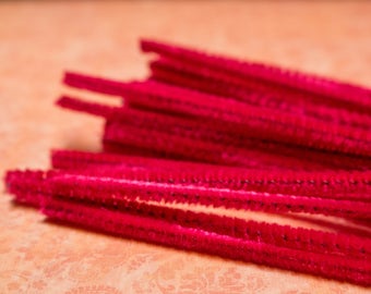 50x Vintage Chenille Pipe Cleaners Bright Fuchsia Red Stems Lot 12 Inch Wired Kid Crafts