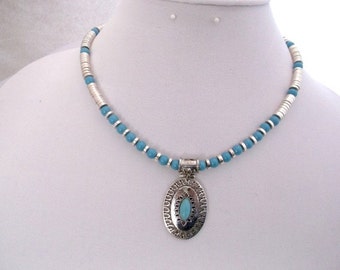 Turquoise and Silver Plated Brass 17 inch Necklace. One of a Kind.