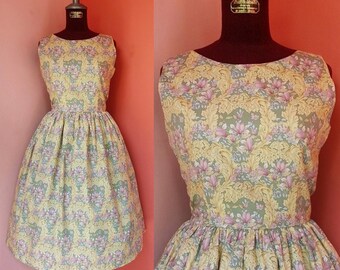 Rockabilly Dress Women Casual Dress Summer Dress Sundress Green Floral Dress Flower Print Dress Cotton Dress Knee Length Dress Small Size 4