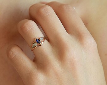 Sapphire ring, Blue sapphire ring, Art deco ring, Geometric ring, Promise ring, Antique ring, Birthstone ring, Marquise ring, Rose gold ring