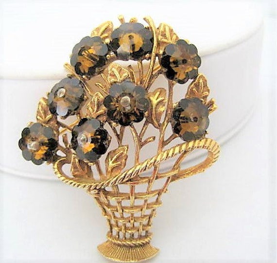 Margarita Rivoli Brooch, Vintage Brown Flower Basket, Topaz Rhinestone Pin