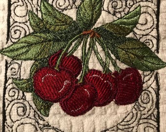 Embroidered Cherries Kitchen Towels. Set of 2.