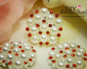 Rhinestone & Pearl buttons RED Flatback Embellishments - Bridal Supplies flower centers Headbands crystal bouquet 5 pcs 23mm 193047
