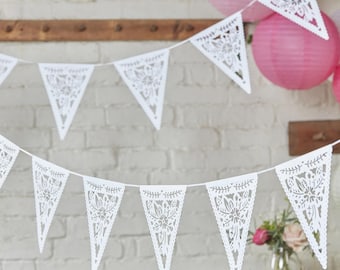 White FloralCut Paper Bunting, Wedding Bunting, Wedding Garland, White Lace Wedding Decor, White Lace Flag Bunting, Baby Shower Bunting