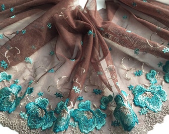 BROWN & BLUE, 8.5" Wide, Embroidered Floral Lace Trim, BTY By The Yard