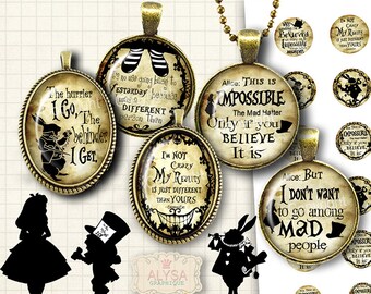 Mad Hatter , Alice in Wonderland Quotes - Printable Digital collage sheets for Bottle Caps and Ovale pendants, Instant Download