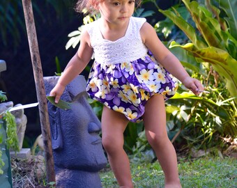 Romper "Kia'helava" purple frangipani sunset sunsuit, playsuit, baby girls, plumeria, islander style
